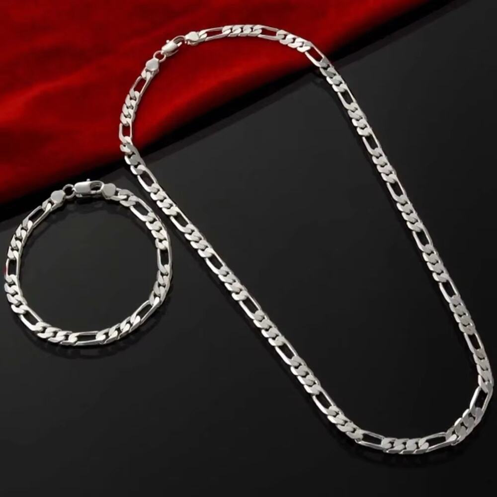 925 Silver Figaro Chain Necklace 20” Bracelet 8” 4mm Plated Men Women